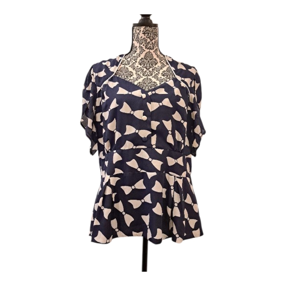 Lindy Bop peplum blouse top ribbon Navy and White vintage style size 14